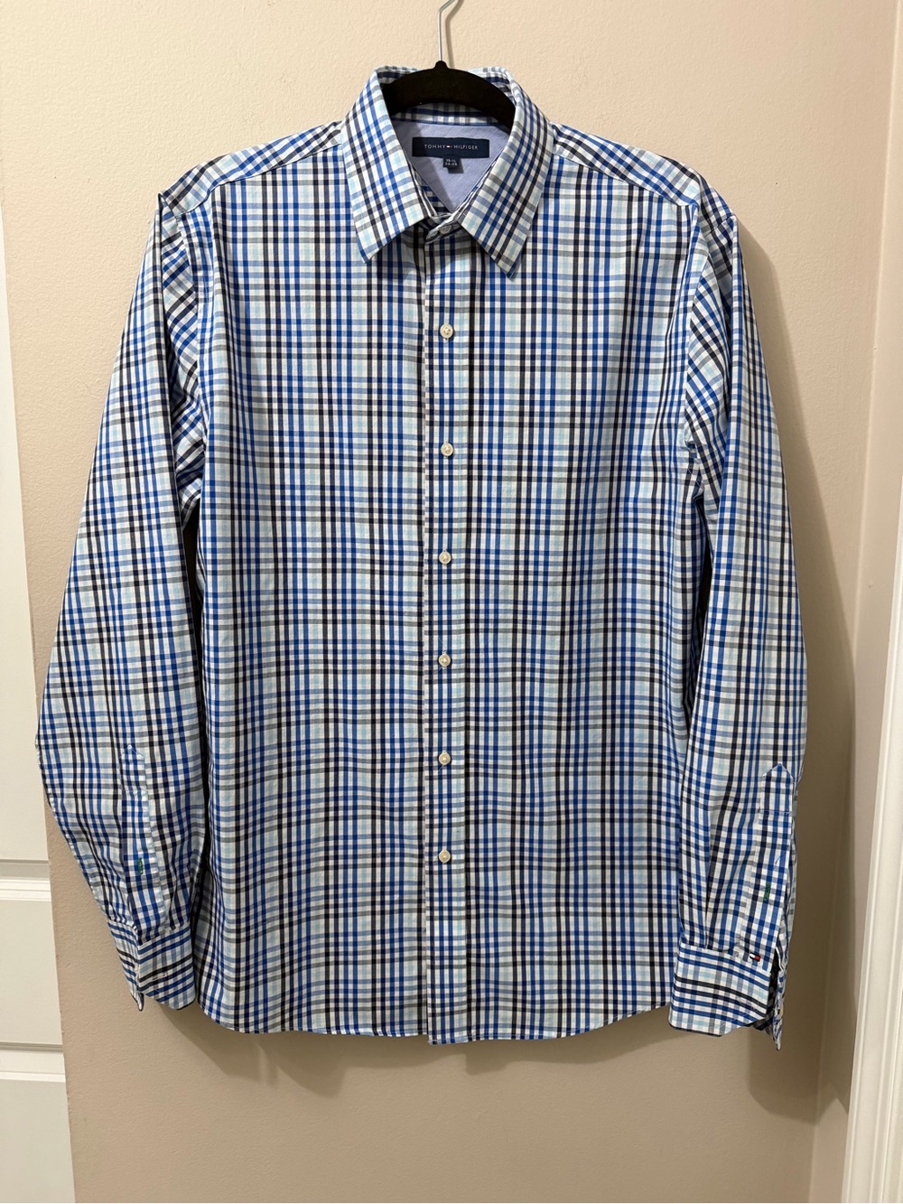 Tommy Hilfiger Men's Dress Shirt Size 15.5 34-34 Blue Black Check Long Sleeve